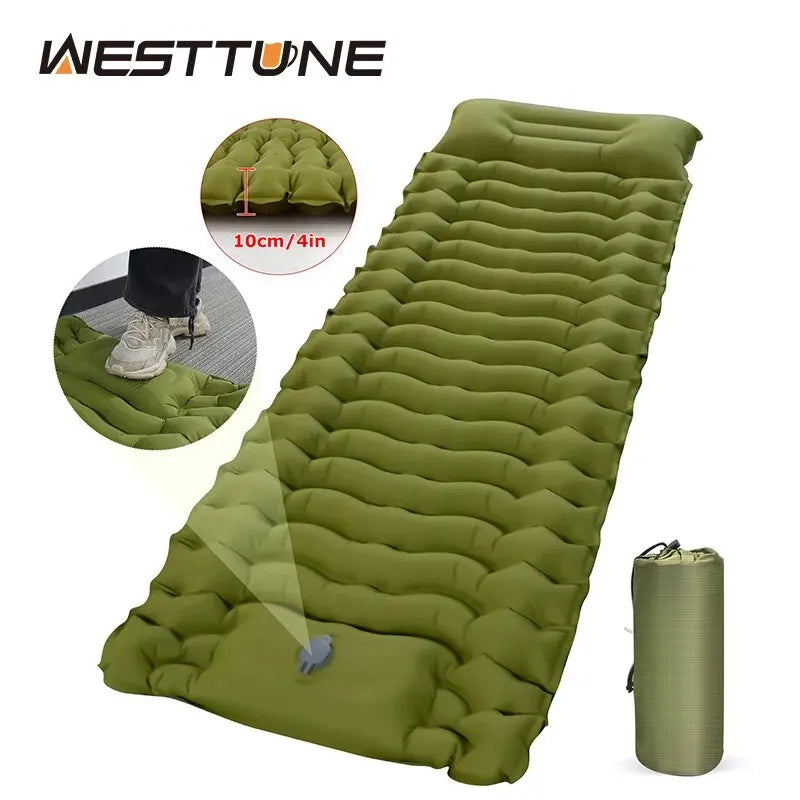 WESTTUNE Inflatable Camping Mattress – Thick Sleeping Pad with Built-in Pillow & Pump